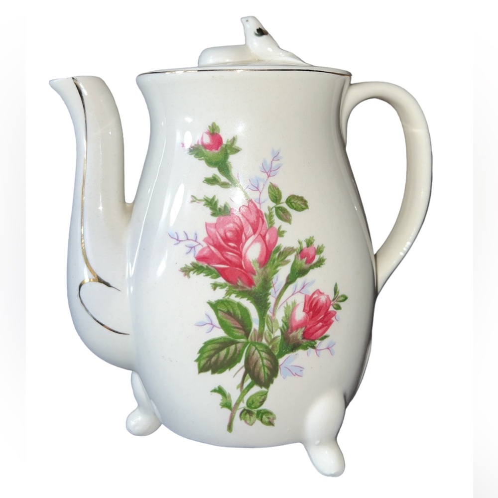 Vtg Holmar Japan Porcelain  Glass Electric Footed Teapot Pink Roses *NO CORD